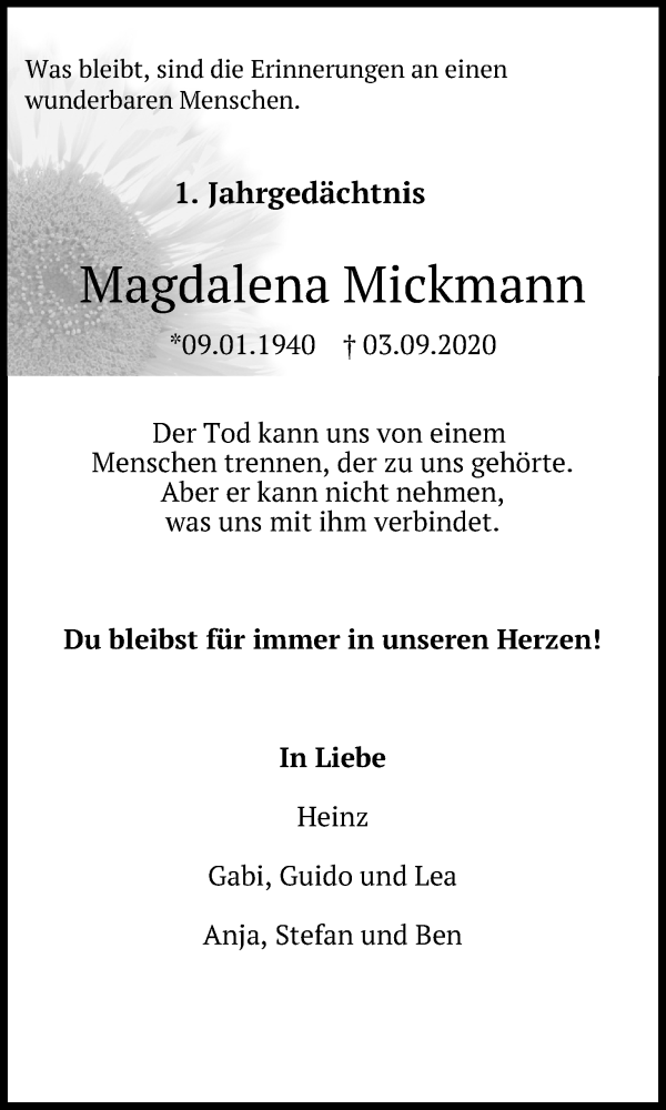  Traueranzeige für Magdalena Mickmann vom 04.09.2021 aus Kölner Stadt-Anzeiger / Kölnische Rundschau / Express
