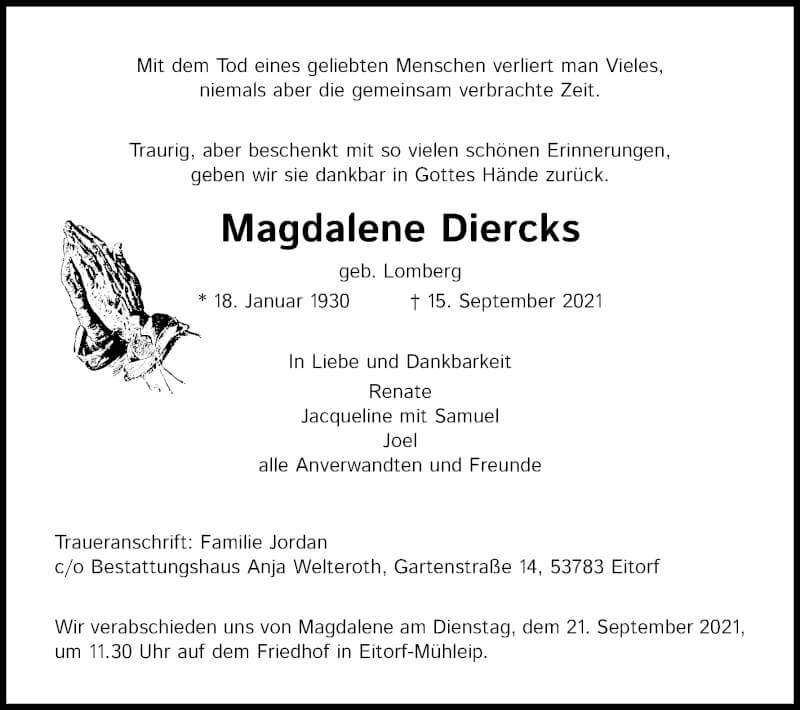  Traueranzeige für Magdalene Diercks vom 18.09.2021 aus Kölner Stadt-Anzeiger / Kölnische Rundschau / Express