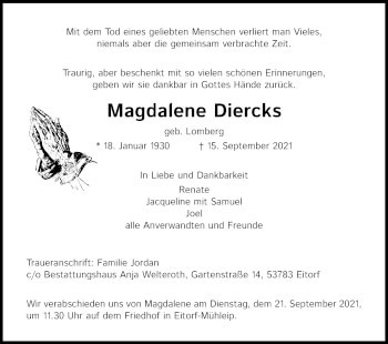 Anzeige von Magdalene Diercks von Kölner Stadt-Anzeiger / Kölnische Rundschau / Express