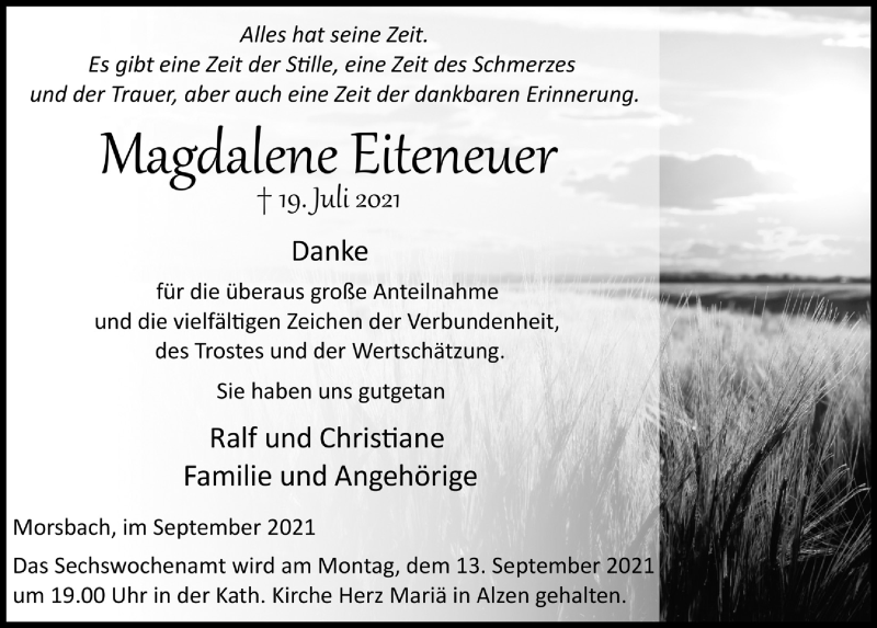  Traueranzeige für Magdalene Eiteneuer vom 10.09.2021 aus  Lokalanzeiger 