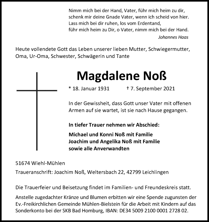  Traueranzeige für Magdalene Noß vom 11.09.2021 aus Kölner Stadt-Anzeiger / Kölnische Rundschau / Express