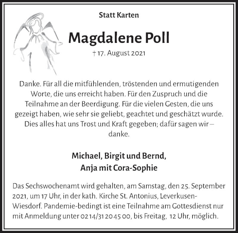  Traueranzeige für Magdalene Poll vom 17.09.2021 aus  Lokale Informationen 