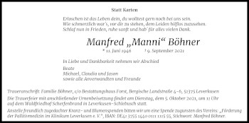 Anzeige von Manfred Böhner von Kölner Stadt-Anzeiger / Kölnische Rundschau / Express