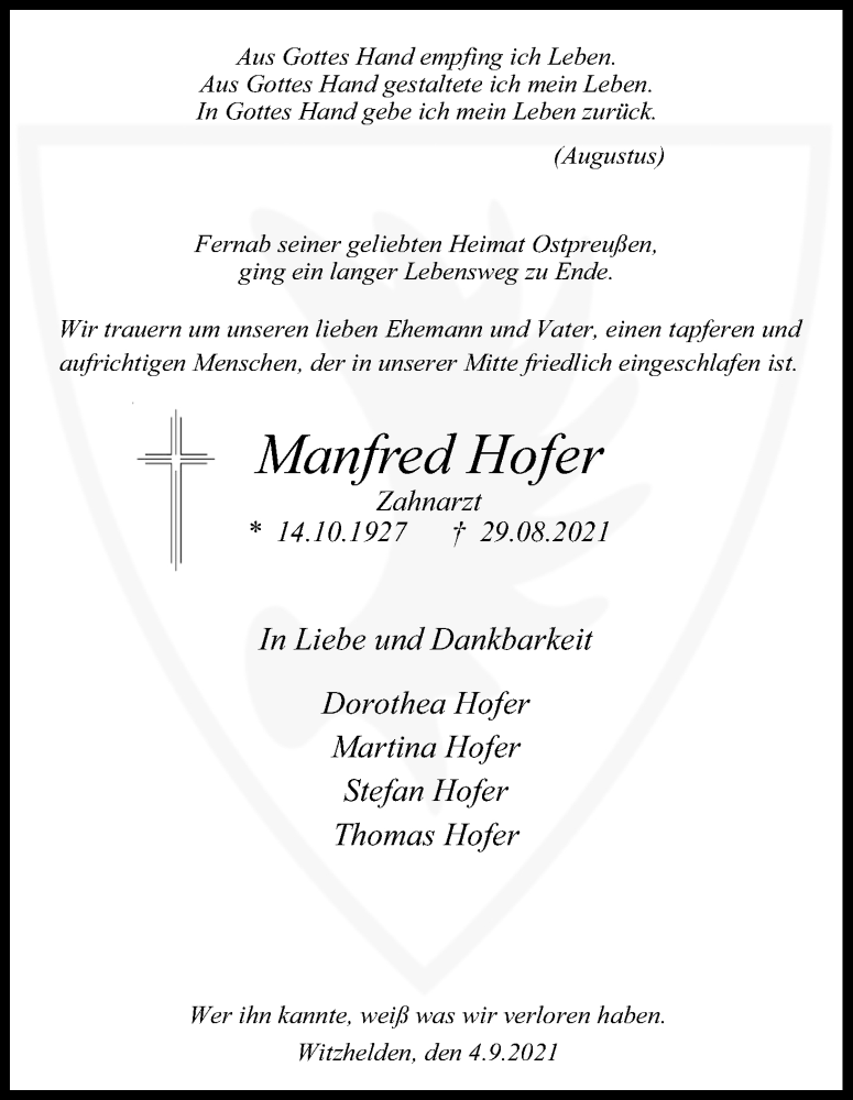  Traueranzeige für Manfred Hofer vom 04.09.2021 aus Kölner Stadt-Anzeiger / Kölnische Rundschau / Express