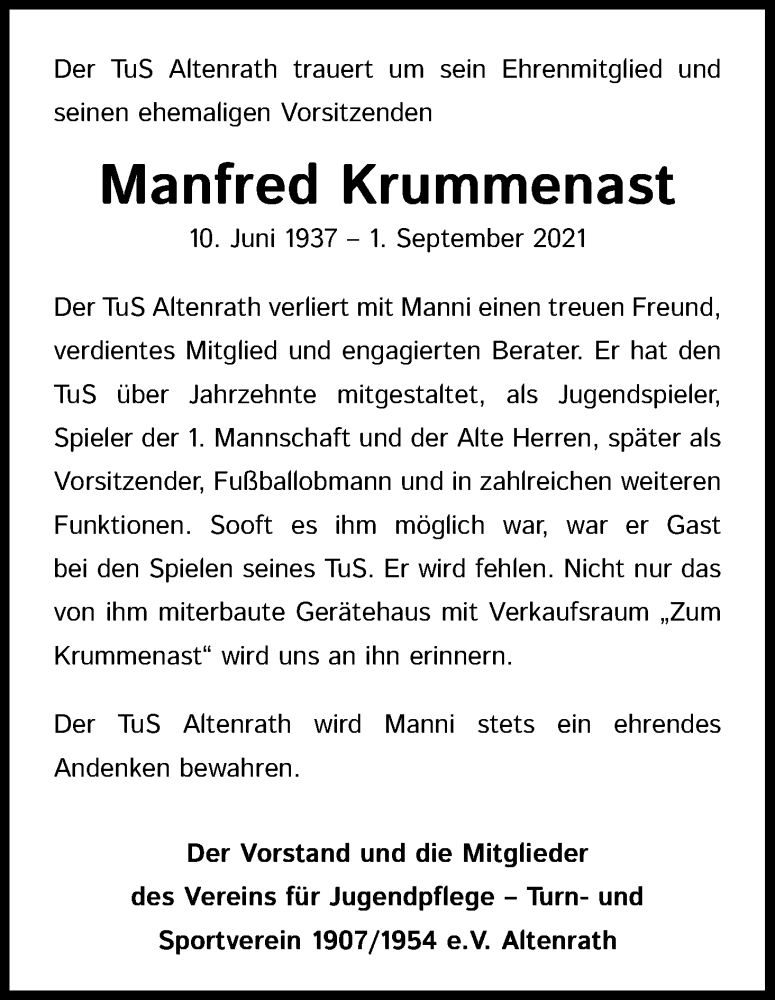  Traueranzeige für Manfred Krummenast vom 11.09.2021 aus Kölner Stadt-Anzeiger / Kölnische Rundschau / Express