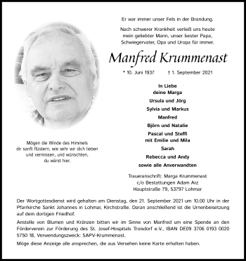 Anzeige von Manfred Krummenast von Kölner Stadt-Anzeiger / Kölnische Rundschau / Express