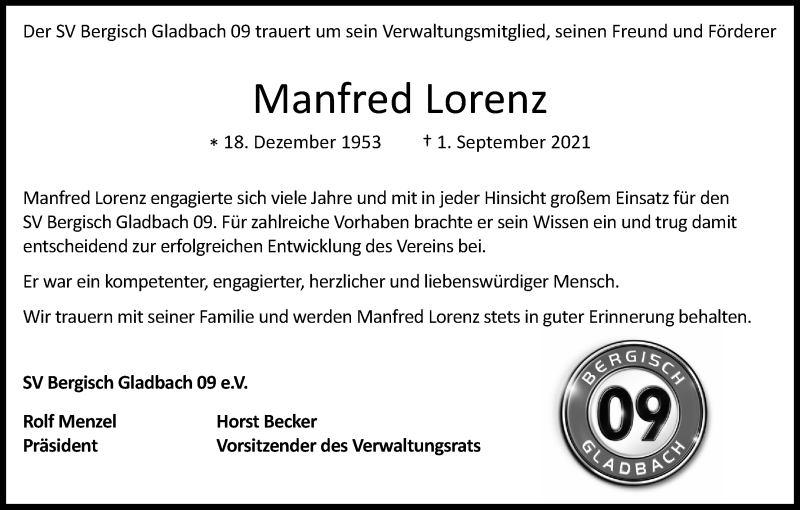  Traueranzeige für Manfred Lorenz vom 11.09.2021 aus Kölner Stadt-Anzeiger / Kölnische Rundschau / Express