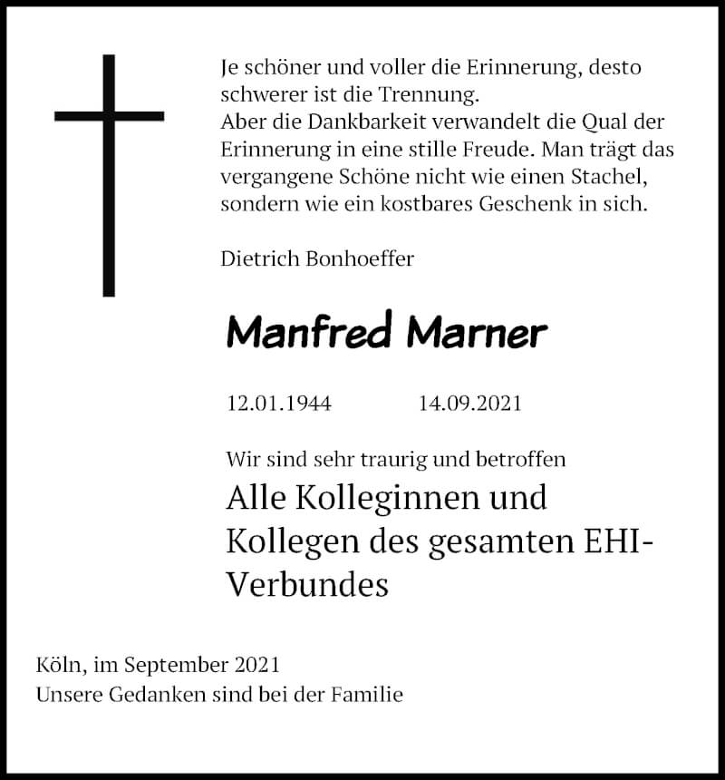  Traueranzeige für Manfred Marner vom 18.09.2021 aus Kölner Stadt-Anzeiger / Kölnische Rundschau / Express