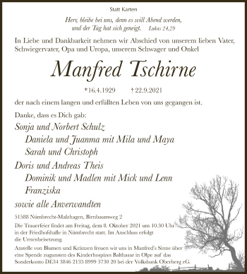 Anzeige von Manfred Tschirne von  Lokalanzeiger 