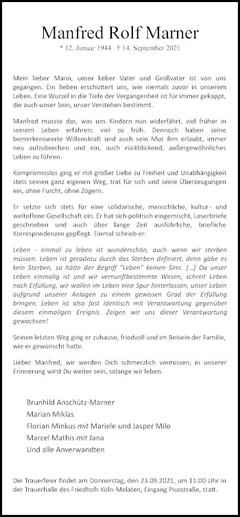 Anzeige von Manfred Rolf Marner von Kölner Stadt-Anzeiger / Kölnische Rundschau / Express