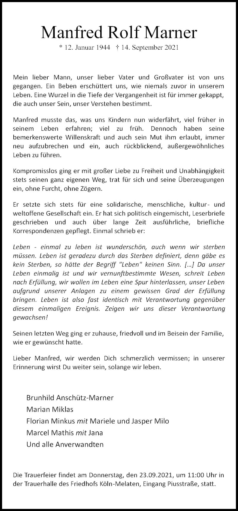  Traueranzeige für Manfred Rolf Marner vom 20.09.2021 aus Kölner Stadt-Anzeiger / Kölnische Rundschau / Express