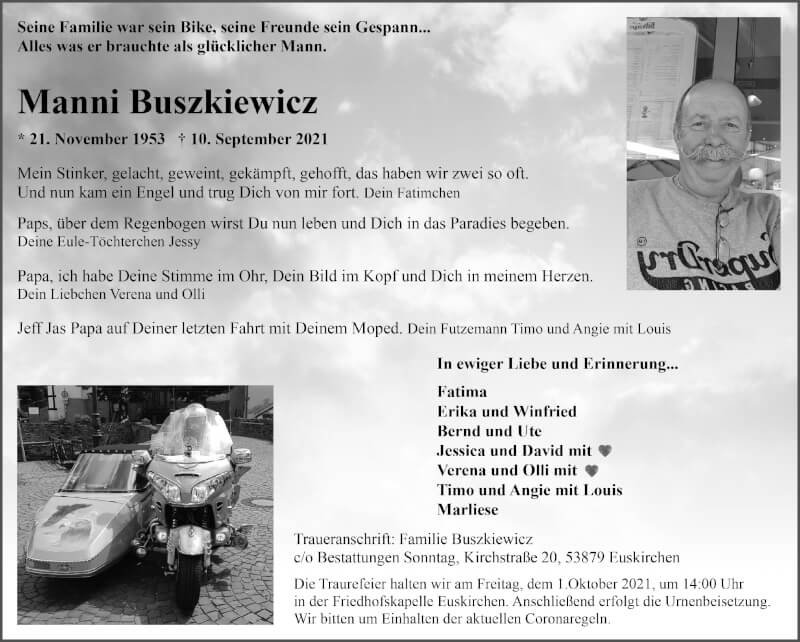  Traueranzeige für Manni Buszkiewi vom 25.09.2021 aus  Blickpunkt Euskirchen 