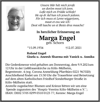 Anzeige von Marga Engel von Kölner Stadt-Anzeiger / Kölnische Rundschau / Express
