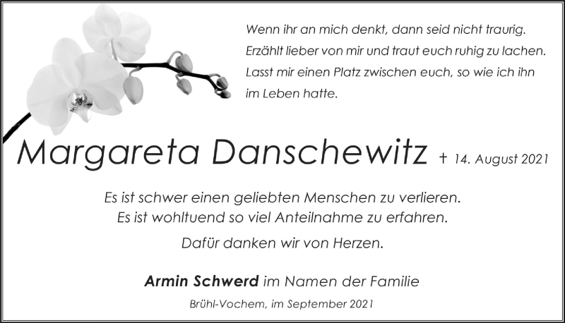 Traueranzeige für Margareta Danschewitz vom 24.09.2021 aus  Schlossbote/Werbekurier 