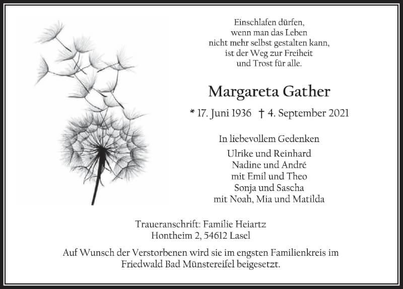  Traueranzeige für Margareta Gather vom 17.09.2021 aus  Werbepost 