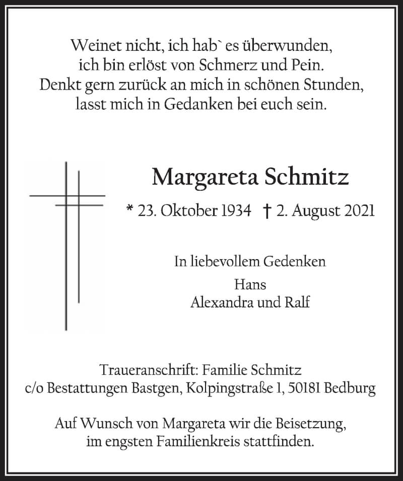  Traueranzeige für Margareta Schmitz vom 17.09.2021 aus  Werbepost 
