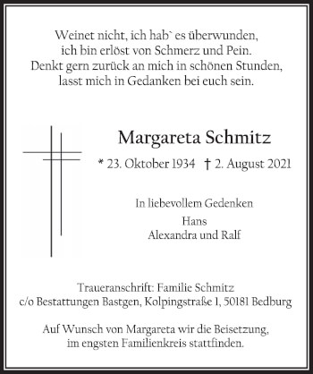 Anzeige von Margareta Schmitz von  Werbepost 