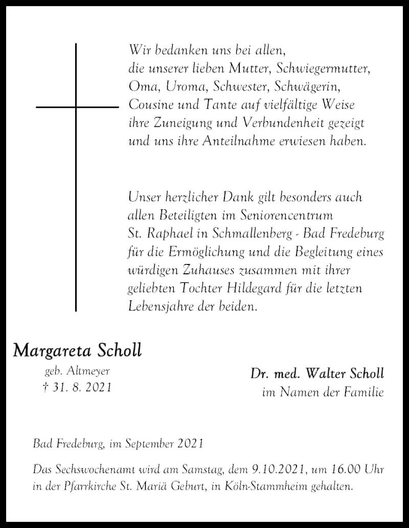  Traueranzeige für Margareta Scholl vom 18.09.2021 aus Kölner Stadt-Anzeiger / Kölnische Rundschau / Express