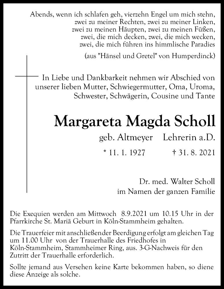  Traueranzeige für Margareta Magda Scholl vom 04.09.2021 aus Kölner Stadt-Anzeiger / Kölnische Rundschau / Express