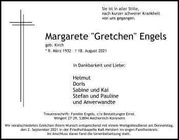 Anzeige von Margarete Engels von Kölner Stadt-Anzeiger / Kölnische Rundschau / Express