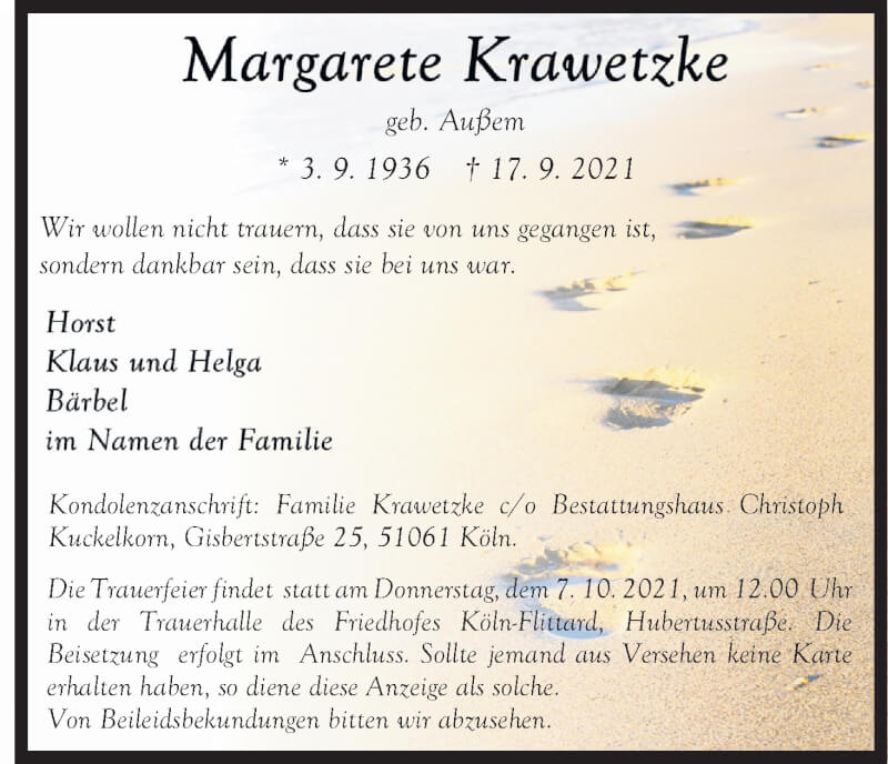  Traueranzeige für Margarete Krawetzke vom 25.09.2021 aus Kölner Stadt-Anzeiger / Kölnische Rundschau / Express