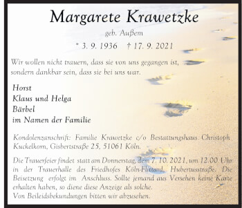 Anzeige von Margarete Krawetzke von Kölner Stadt-Anzeiger / Kölnische Rundschau / Express