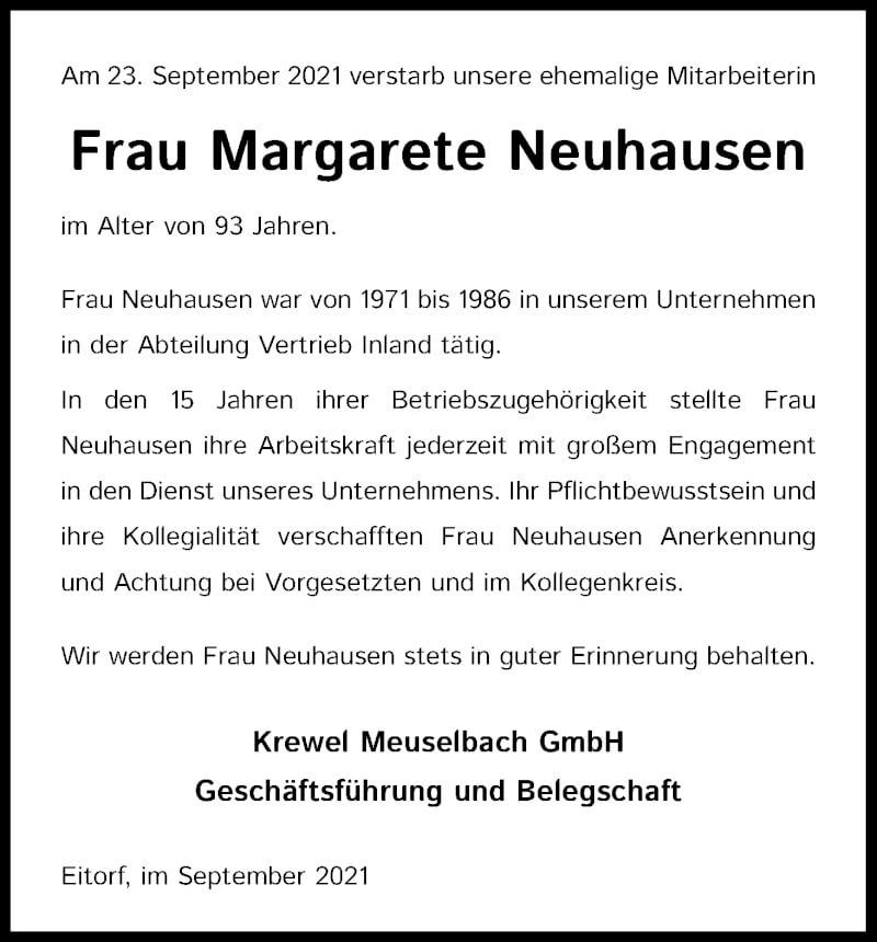  Traueranzeige für Margarete Neuhausen vom 25.09.2021 aus Kölner Stadt-Anzeiger / Kölnische Rundschau / Express