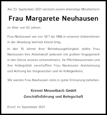 Anzeige von Margarete Neuhausen von Kölner Stadt-Anzeiger / Kölnische Rundschau / Express