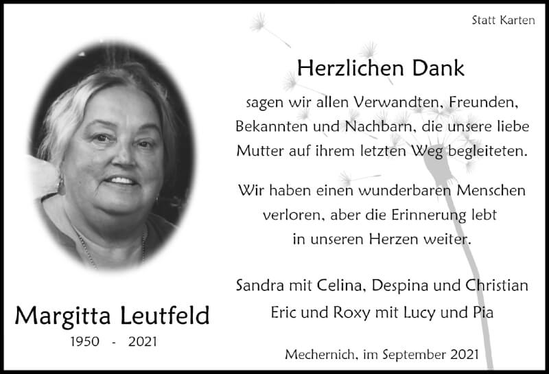  Traueranzeige für Margitta Leutfeld vom 18.09.2021 aus  Blickpunkt Euskirchen 
