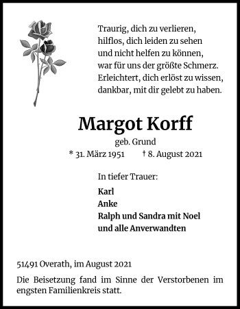 Anzeige von Margot Korff von Kölner Stadt-Anzeiger / Kölnische Rundschau / Express