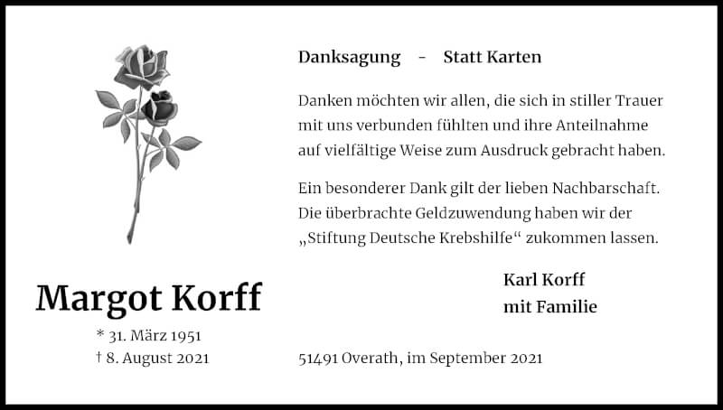  Traueranzeige für Margot Korff vom 18.09.2021 aus Kölner Stadt-Anzeiger / Kölnische Rundschau / Express