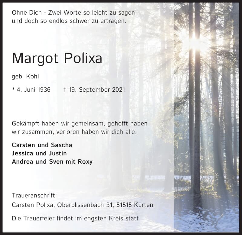  Traueranzeige für Margot Polixa vom 25.09.2021 aus Kölner Stadt-Anzeiger / Kölnische Rundschau / Express