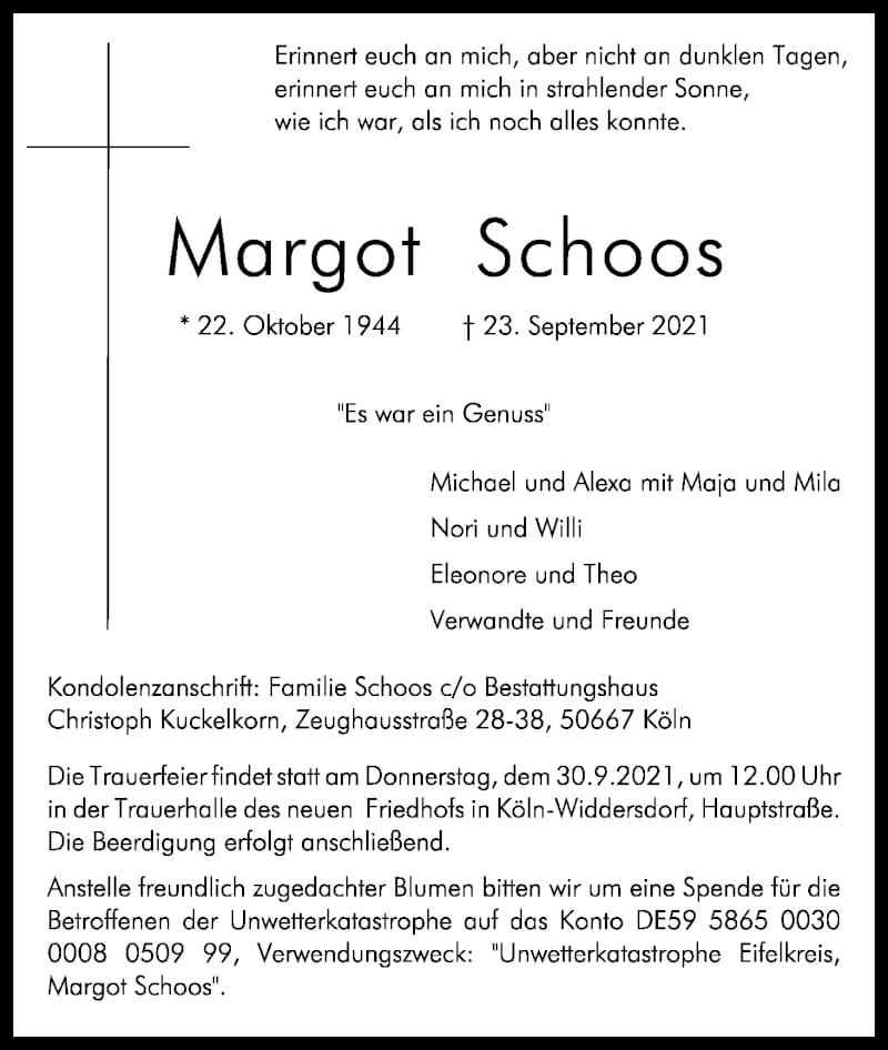  Traueranzeige für Margot Schoos vom 25.09.2021 aus Kölner Stadt-Anzeiger / Kölnische Rundschau / Express