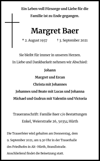 Anzeige von Margret Baer von Kölner Stadt-Anzeiger / Kölnische Rundschau / Express