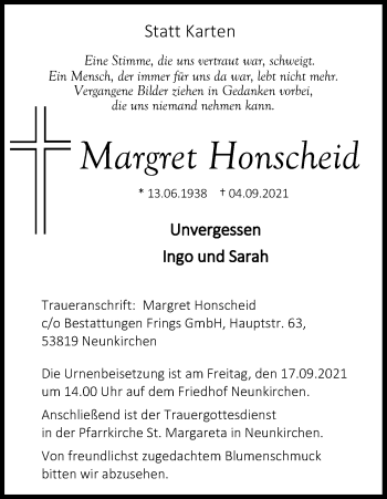 Anzeige von Margret Honscheid von Kölner Stadt-Anzeiger / Kölnische Rundschau / Express