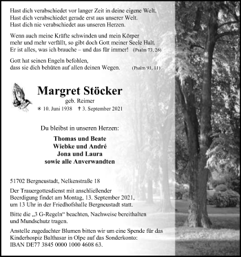 Anzeige von Margret Stöcker von Kölner Stadt-Anzeiger / Kölnische Rundschau / Express