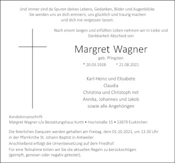 Anzeige von Margret Wagner von  Blickpunkt Euskirchen 