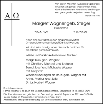 Anzeige von Margret Wagner von  Schlossbote/Werbekurier 