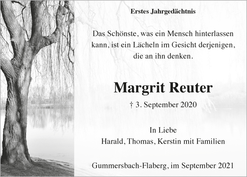  Traueranzeige für Margrit Reuter vom 03.09.2021 aus  Anzeigen Echo 