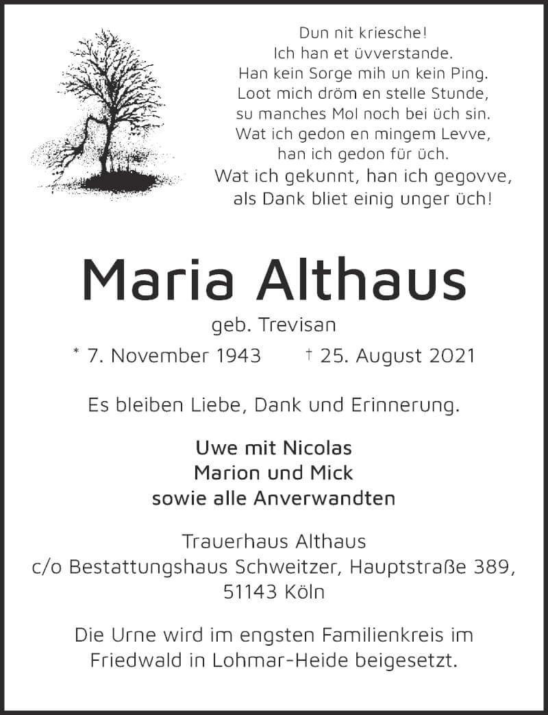  Traueranzeige für Maria Althaus vom 17.09.2021 aus  Kölner Wochenspiegel 