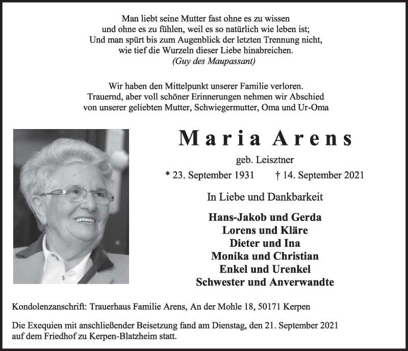  Traueranzeige für Maria Arens vom 24.09.2021 aus  Werbepost 