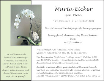 Anzeige von Maria Eicker von Kölner Stadt-Anzeiger / Kölnische Rundschau / Express