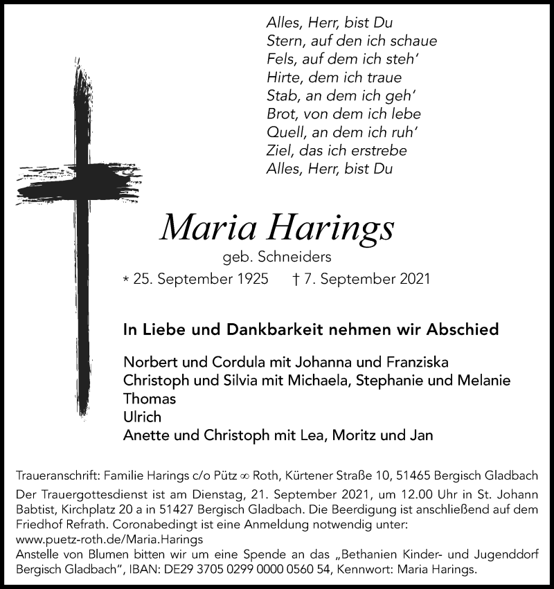  Traueranzeige für Maria Harings vom 15.09.2021 aus Kölner Stadt-Anzeiger / Kölnische Rundschau / Express