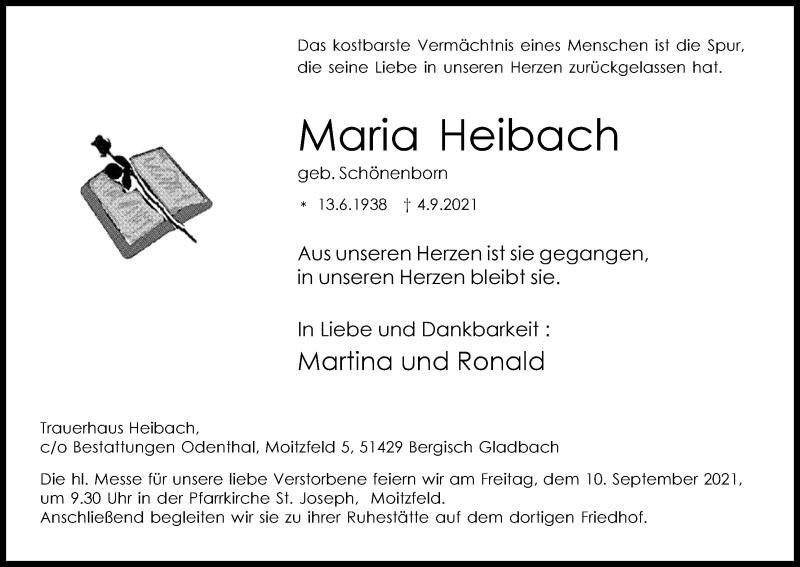  Traueranzeige für Maria Heibach vom 08.09.2021 aus Kölner Stadt-Anzeiger / Kölnische Rundschau / Express