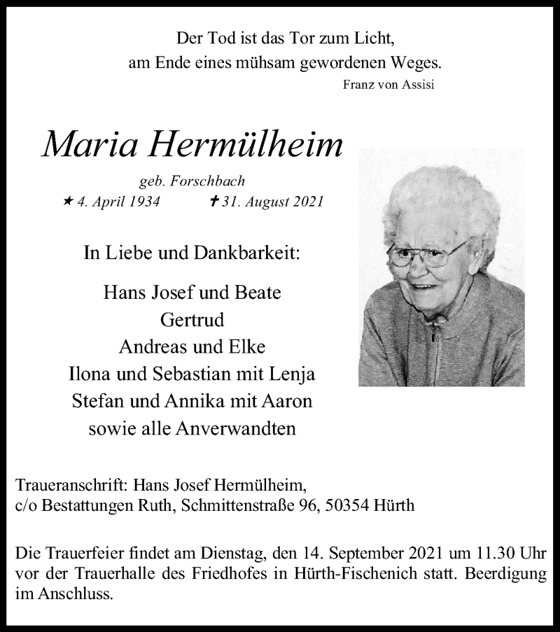  Traueranzeige für Maria Hermülheim vom 11.09.2021 aus Kölner Stadt-Anzeiger / Kölnische Rundschau / Express