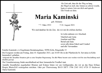 Anzeige von Maria Kaminski von  Kölner Wochenspiegel 