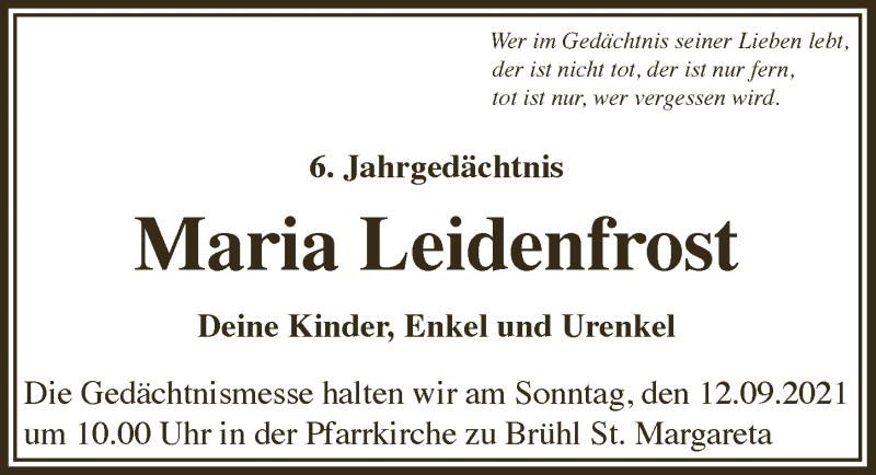  Traueranzeige für Maria Leidenfrost vom 10.09.2021 aus  Schlossbote/Werbekurier 