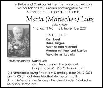 Anzeige von Maria Lutz von Kölner Stadt-Anzeiger / Kölnische Rundschau / Express