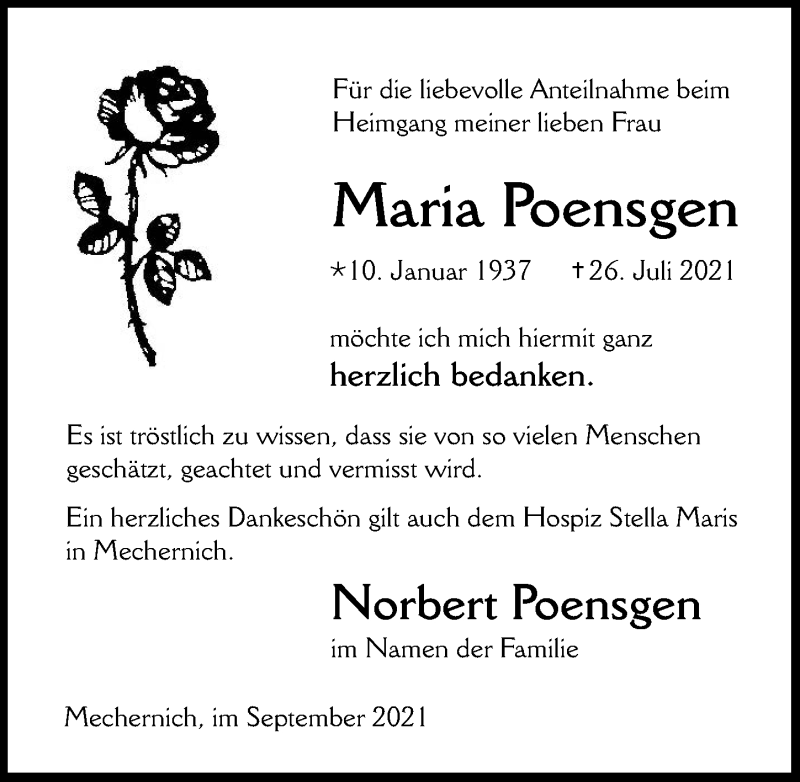  Traueranzeige für Maria Poensgen vom 11.09.2021 aus  Blickpunkt Euskirchen 
