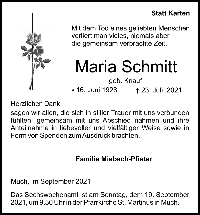  Traueranzeige für Maria Schmitt vom 11.09.2021 aus Kölner Stadt-Anzeiger / Kölnische Rundschau / Express